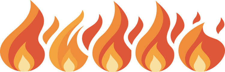 Stylized row of five flames in warm orange and red colors isolated on a white background