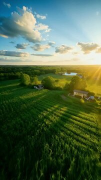 Sunset Over Peaceful Countryside with Fields, Trees, and Farmhouses