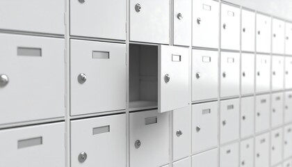 Rows of white mailboxes, one open