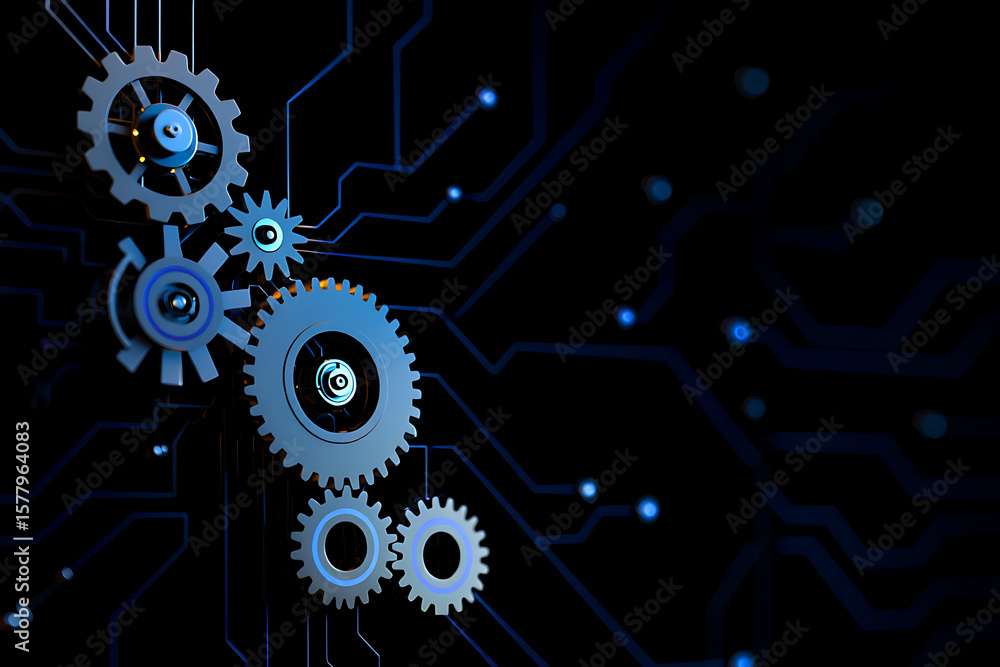 Poster several interlocking gears are depicted against a dark background with circuit patterns, symbolizing
