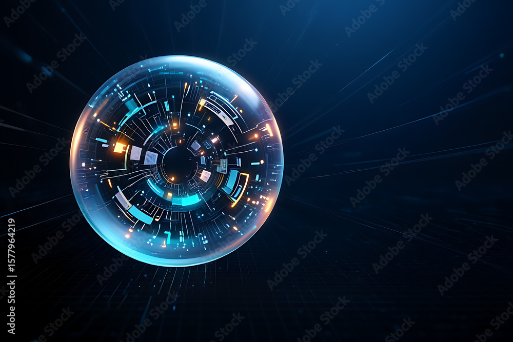Poster a glowing sphere with intricate digital patterns floats in a dark, futuristic space, representing ad