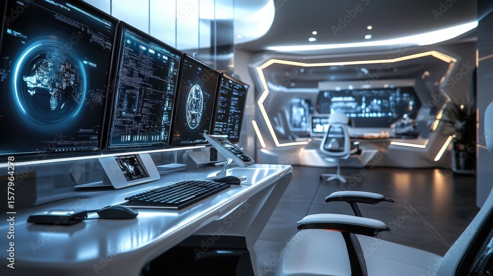 Poster modern workstation with multiple monitors and futuristic design.