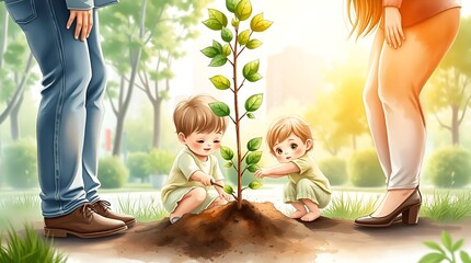 Watercolor painting of children planting a tree with parents in garden