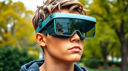 Portrait of teen wearing augmented reality glasses in park closeup