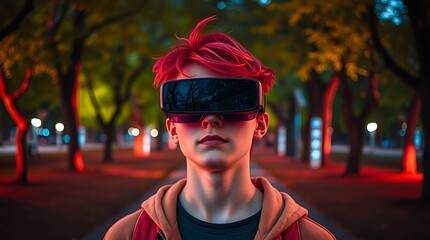 Boy with red hair wearing augmented reality glasses in park	