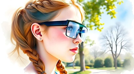 Girl wearing augmented reality glasses in park