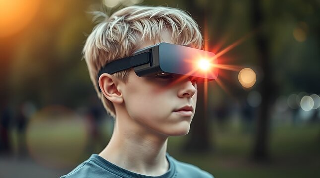 Teen wearing augmented reality glasses in park closeup	
