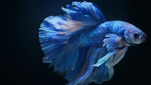 Betta Splendens: A breathtaking close-up of a Siamese fighting fish, flaunting vibrant blue and white hues and delicate, flowing fins in the mysterious aquatic depths.