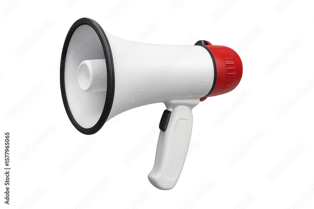 Poster white and red megaphone rendering with transparent backdrop, broadcasting loud communication and emp