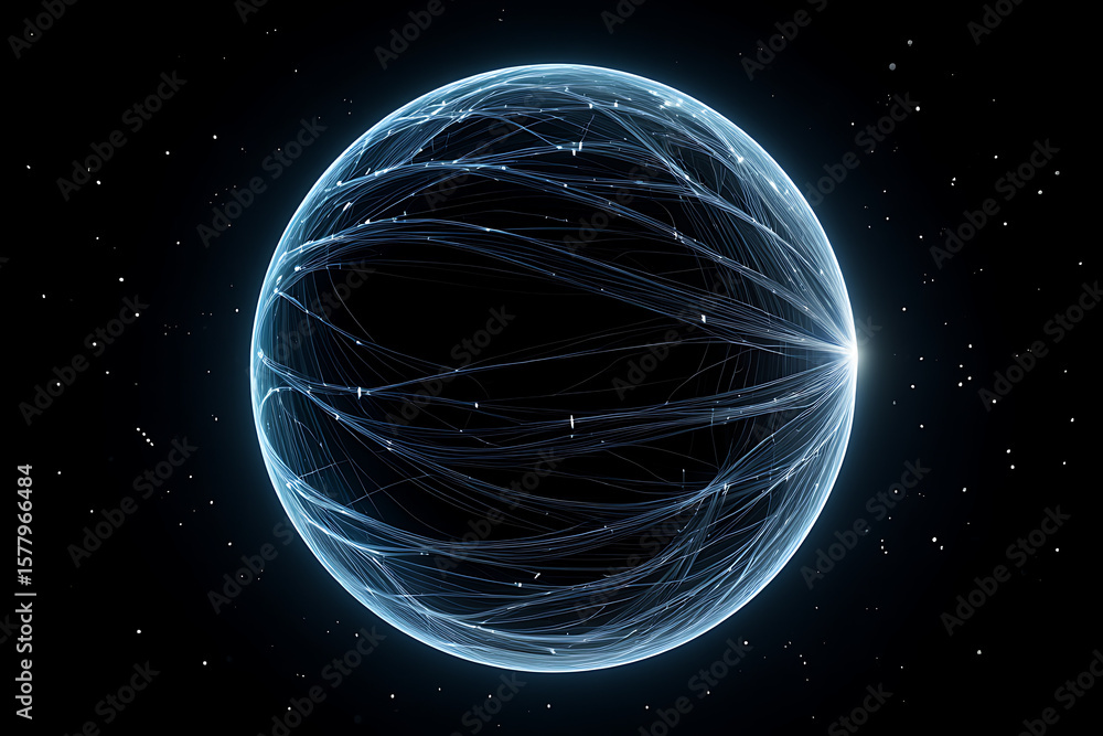 Poster a luminous sphere of interconnected lines and nodes against a cosmic backdrop symbolizes global conn
