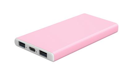 A pink power bank, isolated on white background as a transparent PNG, featuring sleek design, portable size, and practical charging functionality.