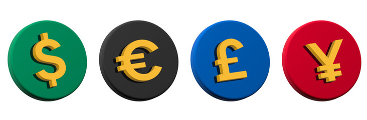 3D Currency Icon Set – Dollar, Pound, Euro, and Yen Symbols for Finance UI/UX (Blue & Yellow)