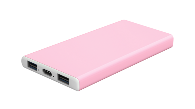 A pink power bank, isolated on white background as a transparent PNG, featuring sleek design, portable size, and practical charging functionality.