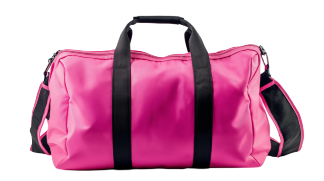 Stylish pink handbag isolated on a white background or transparent PNG, featuring a sleek design with handles and smooth leather texture.
