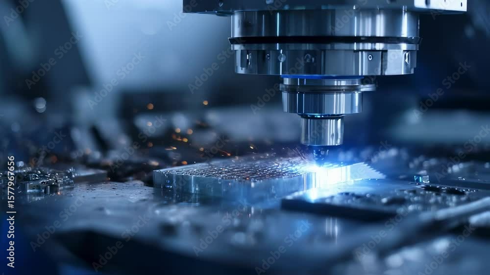 Poster modern milling machine creating sparks while working on a metal detail in a factory, showcasing prec