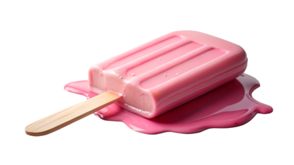 Melting Pink Popsicle with Wooden Stick on Transparent Background