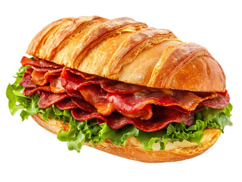 Delicious sandwich with crispy bacon and fresh lettuce on a golden baguette isolated on transparent background