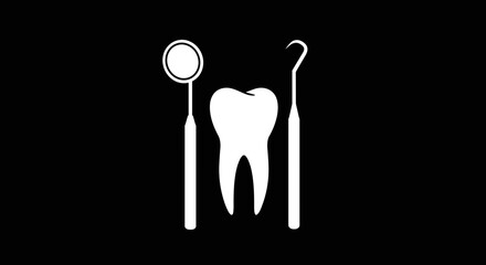  Tooth between dental mirror and hook in black and white for branding