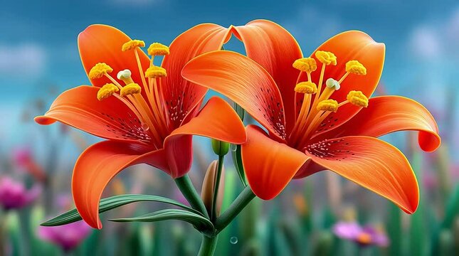Daylily (Hemerocallis spp.) A vibrant Daylily with trumpet-shaped orange flowers, radiating cheerful vitality, blooming brightly in warm sunlight, against a backdrop of a sunny meadow with wild gra