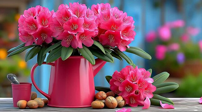 Rhododendron (Rhododendron spp.) A lush Rhododendron with vibrant pink flower clusters, exuding cheerful vibrance, blooming profusely in soft sunlight, set in a tranquil woodland garden with dapple