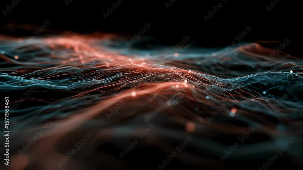 Poster complex network of interconnected glowing particles forming an intricate web, symbolizing data flow,