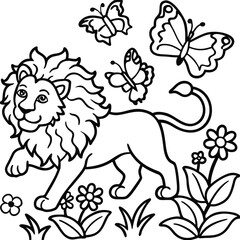 A lion in a garden with different activities kids coloring pages