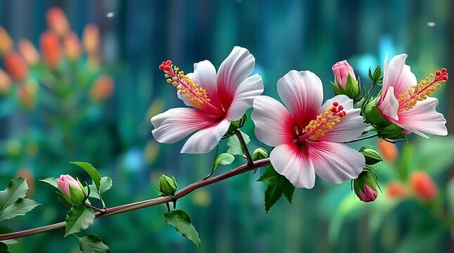 Rose of Sharon (Hibiscus syriacus) A striking Rose of Sharon with large white and pink blooms, radiating bold beauty, standing tall in warm sunlight, against a backdrop of a lush garden with soft g
