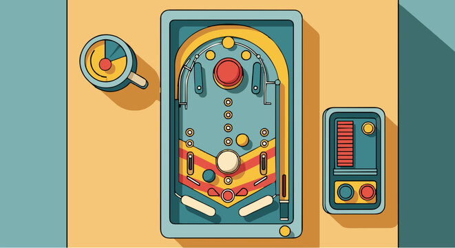 "Retro tabletop pinball toy vector, simplified controls and balls, top-down flat view, playful color palette"
generative ai