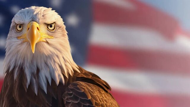 Majestic American Bald Eagle Infront of American Flag Waving In The Wind. Generative AI Eagle - Flag is Real.