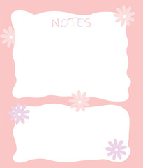 Cute pink "Notes" page with soft floral decorations and wavy frames. Ideal for printable planners, digital notebooks, journaling, or memo pads.