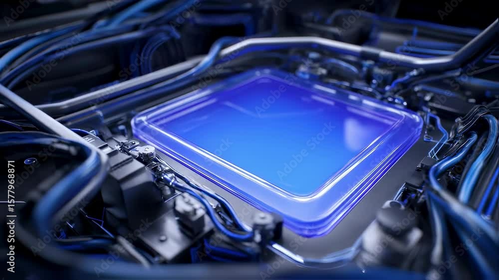 Poster complex network of wires and components surrounding a glowing blue quantum computing processor, symb