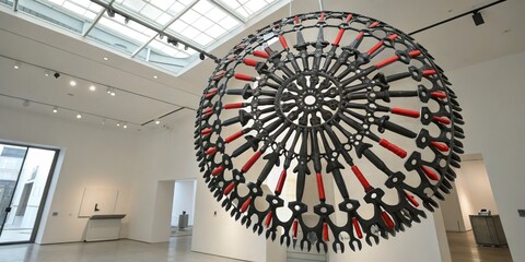 Unique metal sculpture of tools displayed in modern art gallery during daylight hours