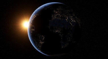 Obraz premium Earth view from space with city lights and sunrise over the horizon in a dark background