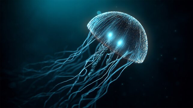 Glowing deep sea jellyfish Atolla wyvillei releasing bioluminescent pulse realistic anatomical structure scientific deep ocean image marine research visuals