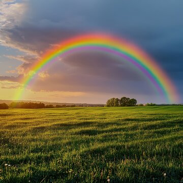 A vibrant rainbow arching over a serene meadow after rain