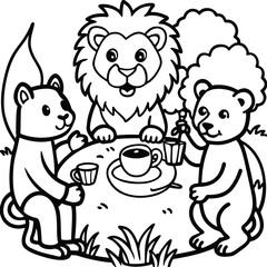 A lion in a garden with different activities kids coloring pages