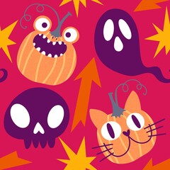 Halloween animals cartoon seamless cat monsters pattern for wrapping and kids clothes print and party accessories