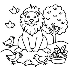 A lion in a garden with different activities kids coloring pages
