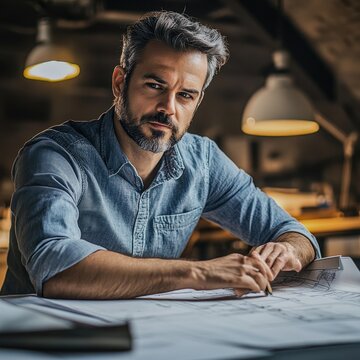A visionary architect at a drafting table with blueprints