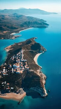 Aerial View of Coastal Village with White Houses and Blue Sea