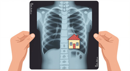  X-ray with house icon on rib cage for metaphor or mental health