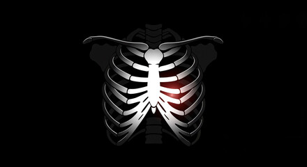  Rib cage with red pain highlight on black for injury illustration