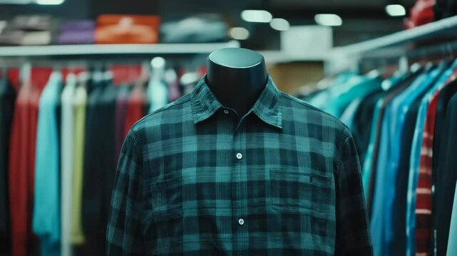 Plaid button-up shirt displayed on black mannequin, surrounded by colorful shirts, in a modern retail store setting with soft focus background