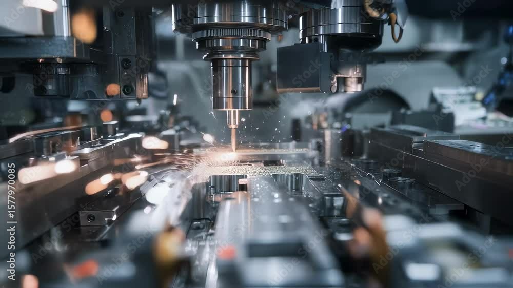 Poster automated cnc milling machine cutting metal workpiece, creating sparks and demonstrating industrial 