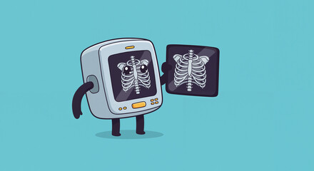 Cute cartoon x-ray machine with rib scan for medical education