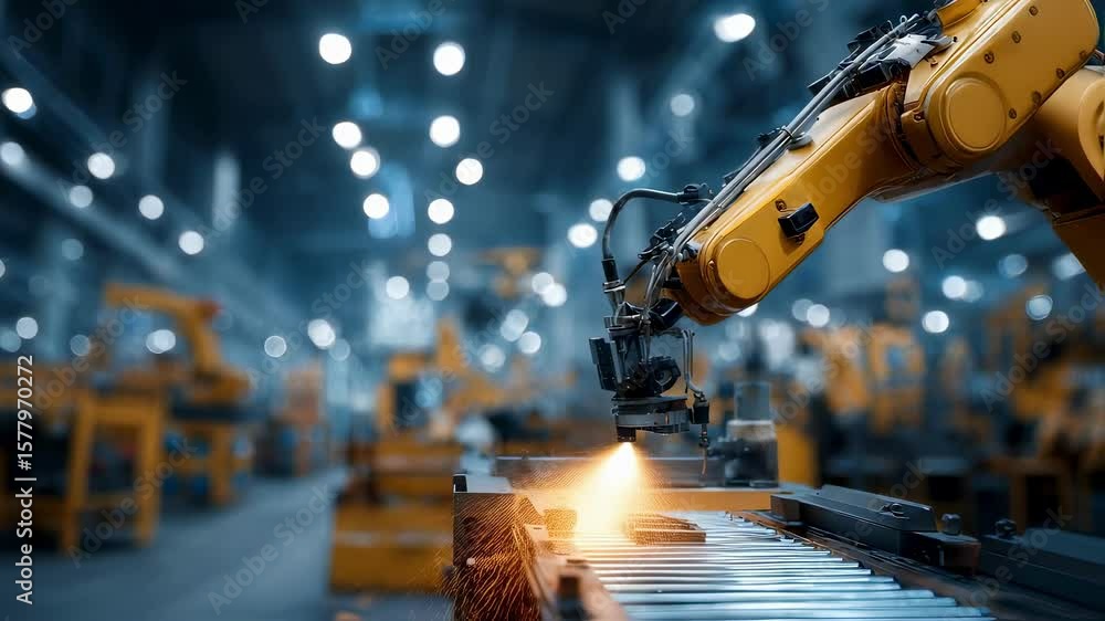 Poster modern robotic arm performing a task on a production line in a brightly lit factory, showcasing auto