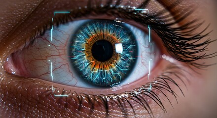 Close up of an eye with digital interface overlay and scanning technology in a futuristic style