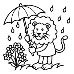 A lion in a garden with different activities kids coloring pages