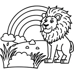 A lion in a garden with different activities kids coloring pages