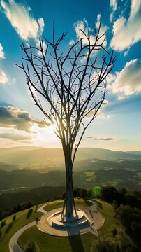 Metal Tree Monument on Hilltop at Sunset